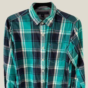 SALE XS TOMMY HILFIGER CUSTOM FIT TEAL PLAID WOVEN SHIRT